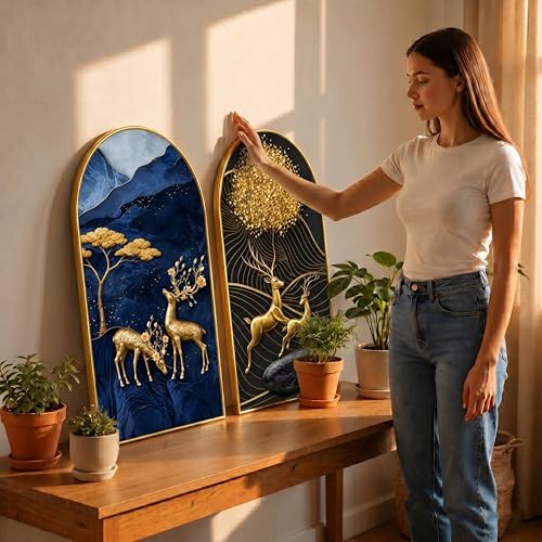 Image of Livin'luxe Set of 2 Abstract Deer Wall Painting for Living Room, Blue Gold Modern Artwork, PVC Golden Frame, Arch Shape Wall Decor for Bedroom, Hall, Office & Gift (30 x 32 Inch) RPNL-02-112
