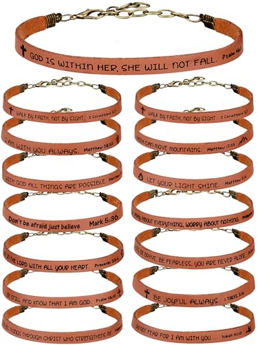 Image of Sureio 15 Pcs Christian Gift Bracelets for Women Men Inspirational Leather Religious Bible Verse God Faith Scripture Bracelet