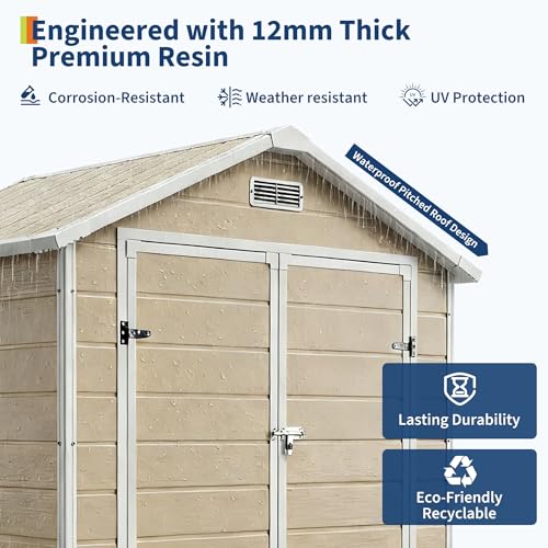 Image of Resin Outdoor Storage Sheds 6x4 ft, Upgraded Double-Wall Outdoor Plastic Shed with Window & Double Doors, Waterproof Lockable Garden Shed for Patio Furniture, Lawn Mower, Bike, and Tool Storage