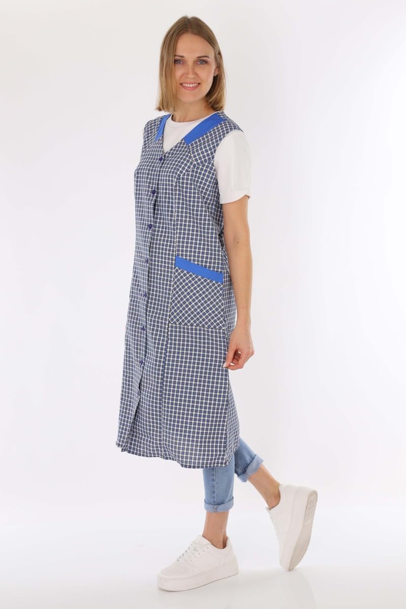 Schuerzenfabrik Delantal con botones para mujer, tejido mixto, a cuadros, sin brazo, delantal de cocina