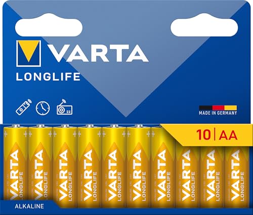 VARTA Longlife   Pilas alcalinas AA (10 Unidades, 1,5 V, Ideal para cámara Digital, Controlador, Monitor de presión Arterial Embalaje sin plástico)
