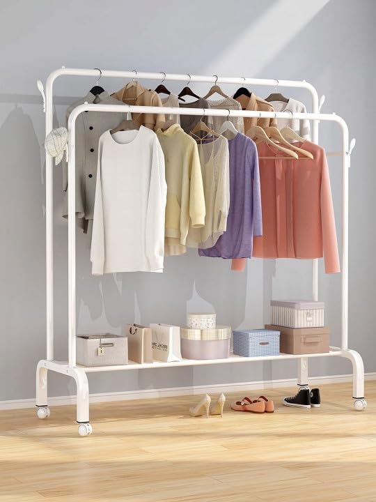 Image of Owme Heavy Duty Metal Garment Rack with Wheels | Portable Clothes Hanging Stand | Rolling Clothing Rack for Bedroom, Laundry & Retail Store | Space Saving Cloth Stand - WHITE Double Stand