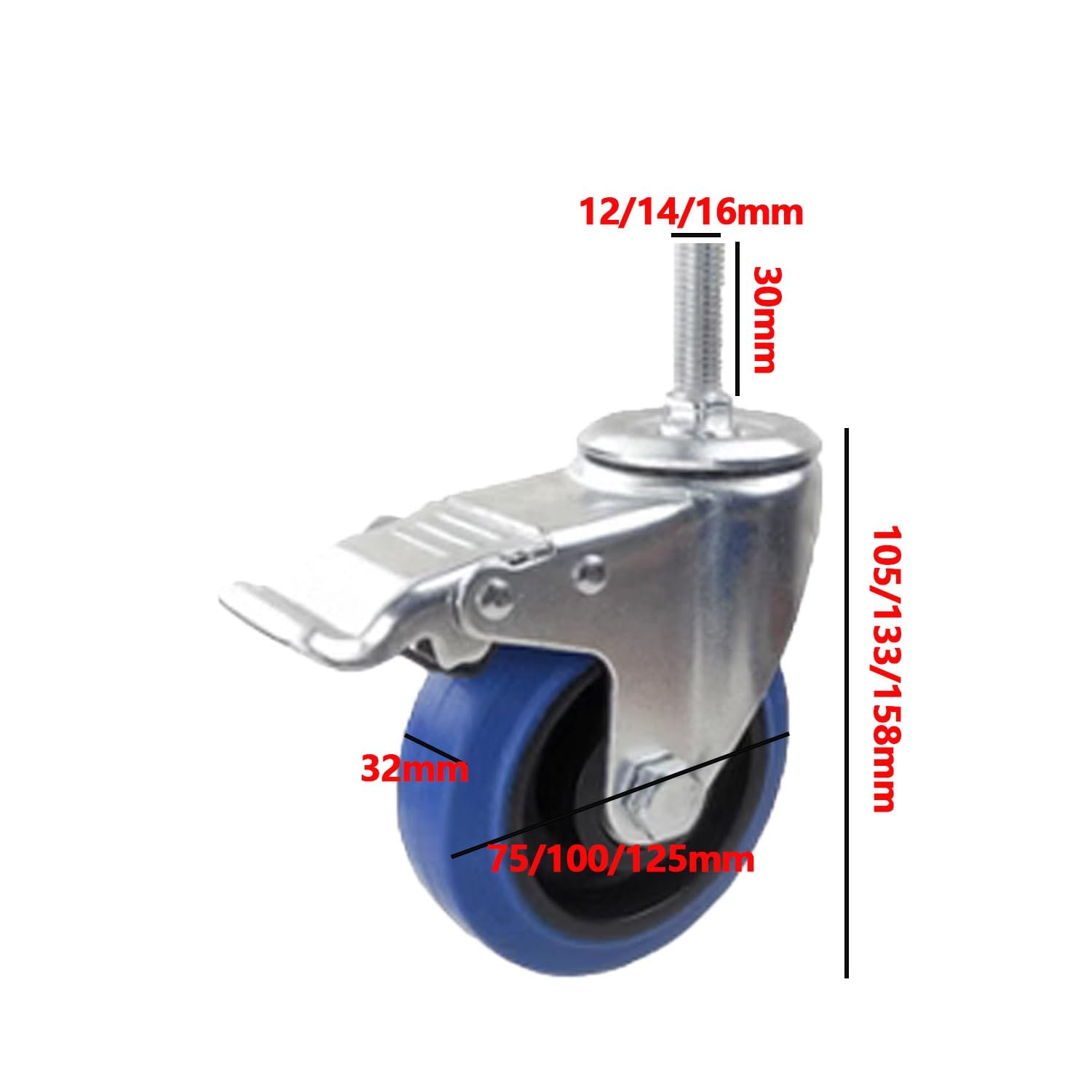 roulettes pivotantes 75/100/125mm avec Frein, Tige Filetée M12 M14 M16 roulettes pour Meubles, roulettes Caoutchouc TPR, 4 Pcs Fileté Swivel Caster Wheel(3inch,M12*30)
