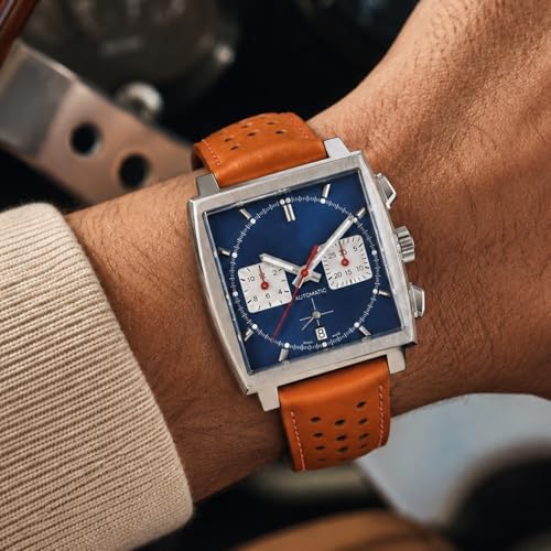 Mens Leather Rally Strap, Perforated Racing Watch Band, Orange 20mm - 5