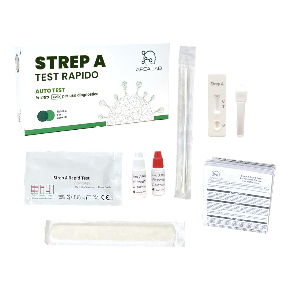Tampone Streptococco AREA LAB | Test Streptococco A Per Adulti e Bambini | Tampone Faringeo Rapido (1 PZ) | Dispositivo Medico Registrato Ministero della Salute | Marchio CE | Kit Autodiagnosi a Casa con Abbassalingua