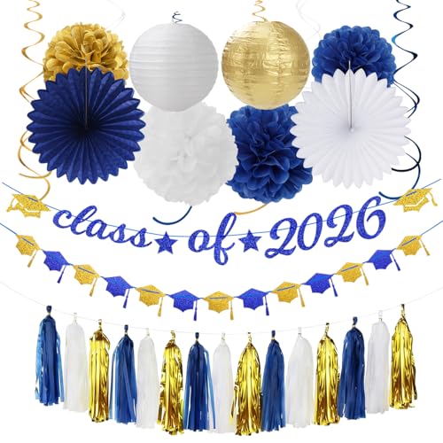 Image of Navy-Blue White Gold Graduation Party-Decorations Garland - 31pcs Congrats Grad Class 2026 Banner,Hat Hanging Streamers,College High School Congratulations Masters Classroom Backdrop Decor Burgleda