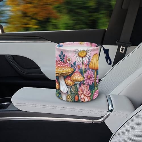 Image of Pink Mushroom Floral Car Garbage Can Small Trash Can with Leak Proof Inside Liner And Hanging Strap Auto Organizer Portable Auto Essentials
