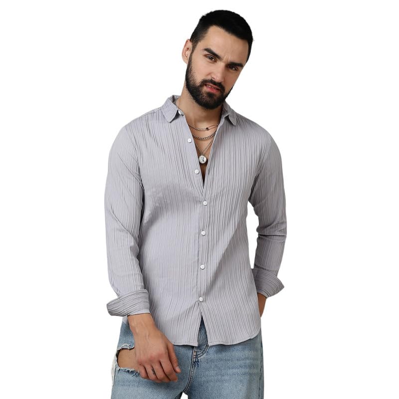 Image of CAHOOT Men's Self-Design Striped Shirt for Casual Wear | Spread Collar | Long Sleeve | Button Closure | Shirt Crafted with Comfort Fit for Everyday Wear