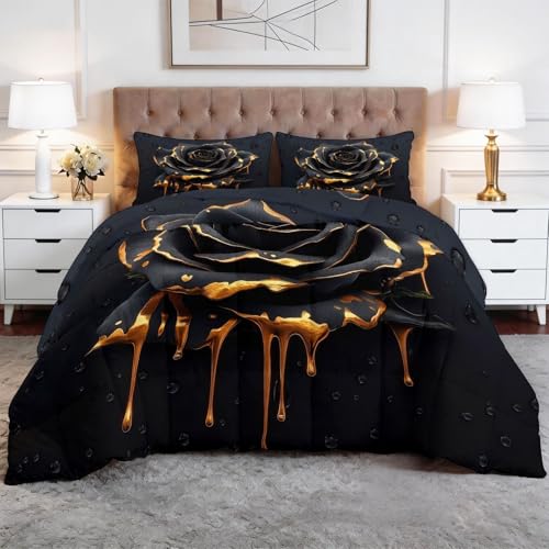 Piumone 155 x 220 cm Fantasy Romanzo Rosa Nera Trapunta Morbida Stampa 3D, Piumino Sostitutivo 4 Stagioni, Coperta Reversibile, con 2 Federe, per Camera da Letto, Nero