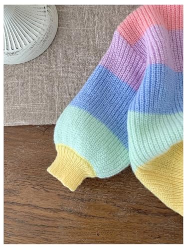 WDIRARA Toddler Girl's Rainbow Striped Sweater V Neck Long Sleeve Knit Top Cute Knitwear4
