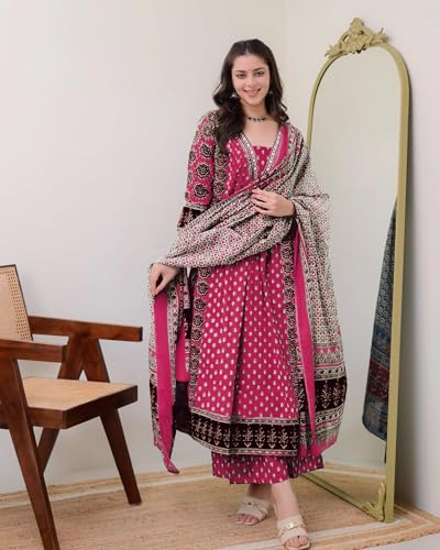 Image of ANNI Designer Women's Pure Cotton Anarkali Kurta Set for Women with Dupatta & Plazzo - Hand Block Print Suit Set | Stylish Dress | Cotton Kurta Set for Women