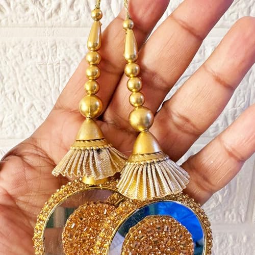 Image of Adikala Craft Store Handmade Ethnic Silk Latkan Tassel Set of 2 for Saree Pallu, Blouse, Suits, Dupatta, Lehenga Decor | Wedding Festival Occasion (Golden Mirror)