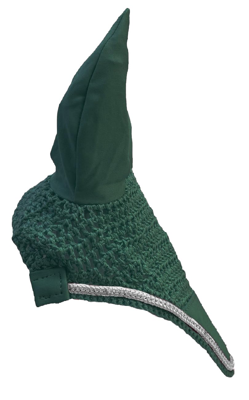 Equitem Crocheted Hood Equestrian Ear Bonnet with Silver Metallic Piping Trim (Hunter Green, Pony)