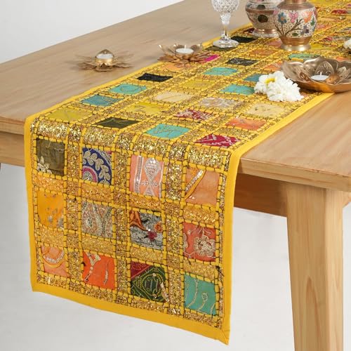 RAJRANG Colorful Yellow Hand Embroidered Cotton Table Runner - Patchwork