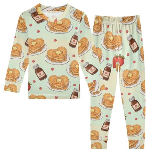 Pajama Sets Long Sleeve Heart Shaped Pancakes Pattern Soft Comfy Sleepwear 2 Piece PJS 3-8T