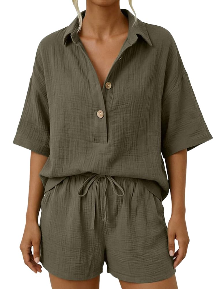 Conjunto Verano Mujer Dos Piezas Camiseta Manga Corta Cuello V + Pantalones Cortos Anchos Cintura Alta Elasticidad Chándale Informal Conjuntos de Playa Casa