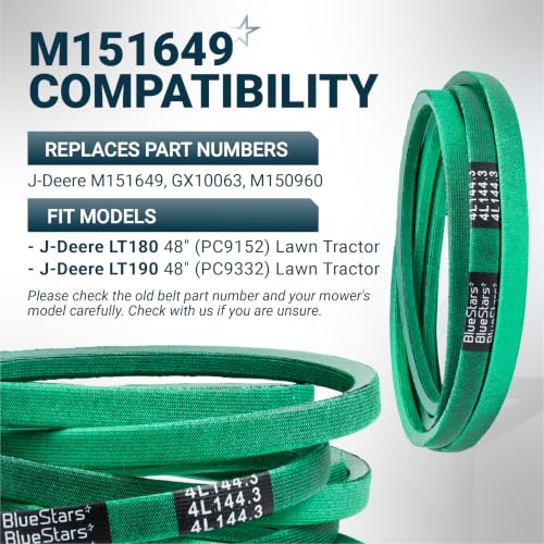 Image of [Upgraded Grip120] BlueStars M151649 Deck Belt | Aramid Cord | 1 /2 x 144.3 | Deck Belt for John Deere LT180 LT190 Lawn Tractors with 48 inch Mower Deck, Blade Drive Belt Replaces GX10063 M150960