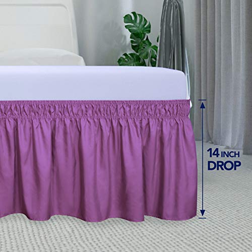 PureFit Wrap Around Ruffled Bed Skirt with Adjustable Elastic Belt - 14 Inch Drop Easy to Put On, Wrinkle Free Bedskirt Dust Ruffles, Bed Frame Cover for Queen, King and C-King Size Beds, Purple