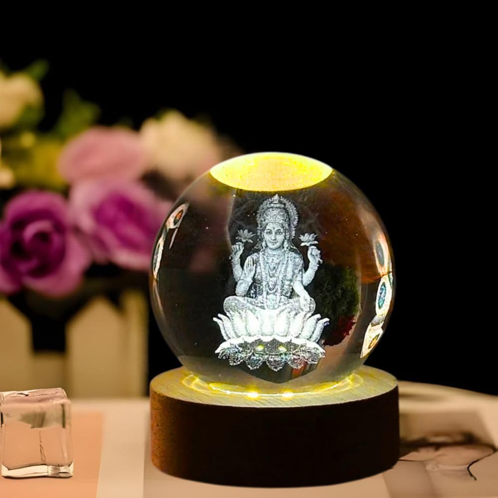 Desidiya Goddess Laxmi Ji Crystal Ball Night Light 2.4 Inch Glass Ball Night LED Lamp with Woodern Base Perfect for Gift | Corded Electric Table Night Light
