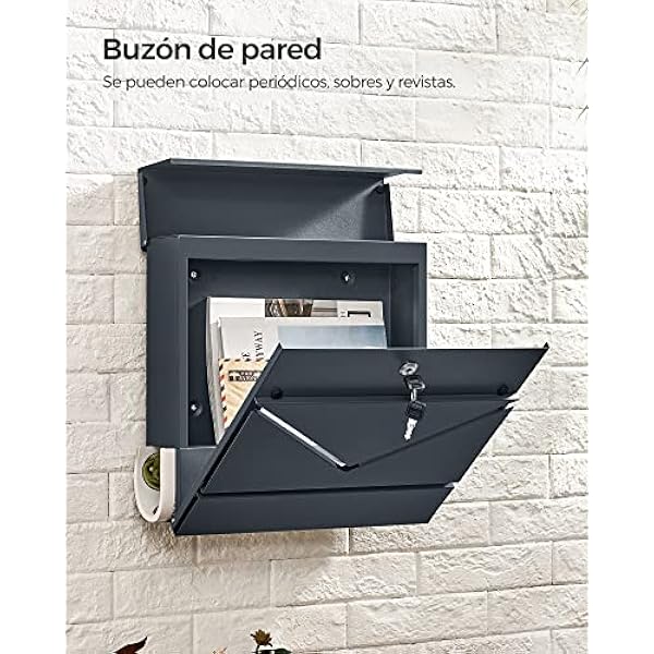 SONGMICS Buzón Correo, Ventanas de Visualización en Forma de V, Buzón Correo Montado en Pared, con Cerradura y Tapa, Portapapeles, Fácil de Instalar, Gris Antracita GMB054G01