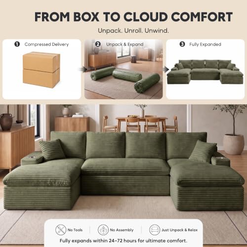 Image of 120 inch Modular Sectional Sofa, U-Shape Boneless Couch, Green