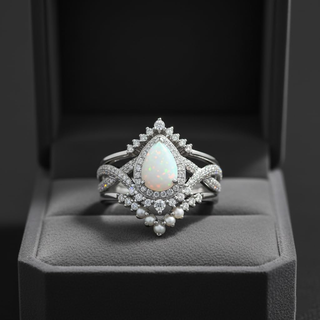 1.5 Carat Opal Engagement Ring Set for Women 3pcs Unique Pear Cut Ring Bridal Set 925 Sterling Silver Rings with 18K White Gold Plated