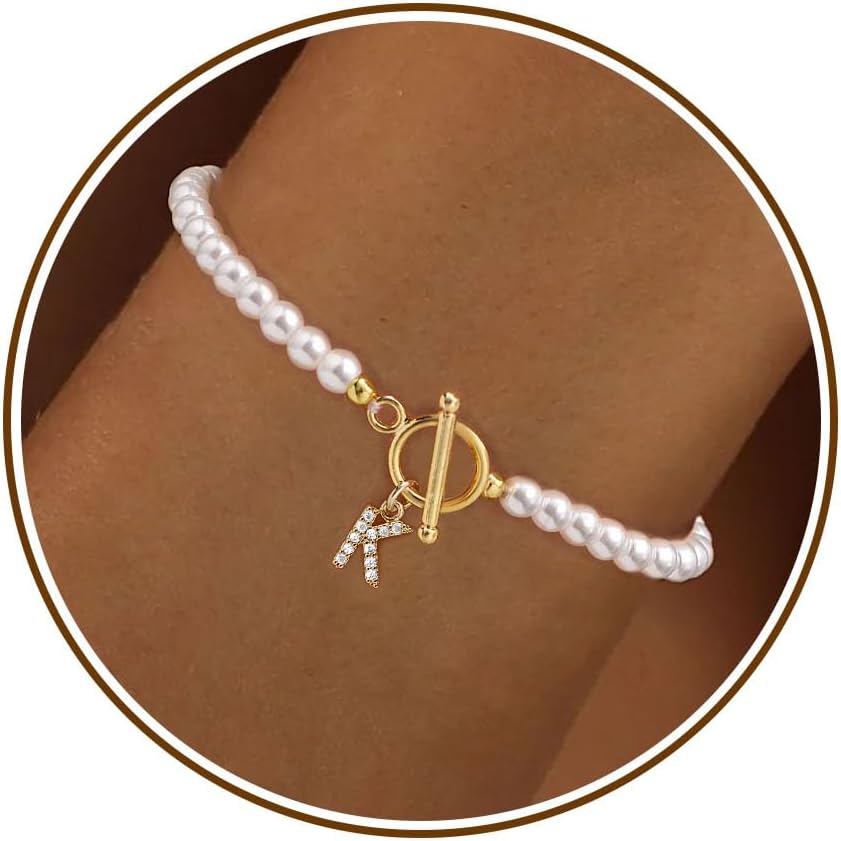 Btysun Initial Bracelet, Pearl Bracelets for Women Birthday Valentines Day Gifts Letter K Initial Bracelets for Women 14K Gold Graduation Retirement Jewelry