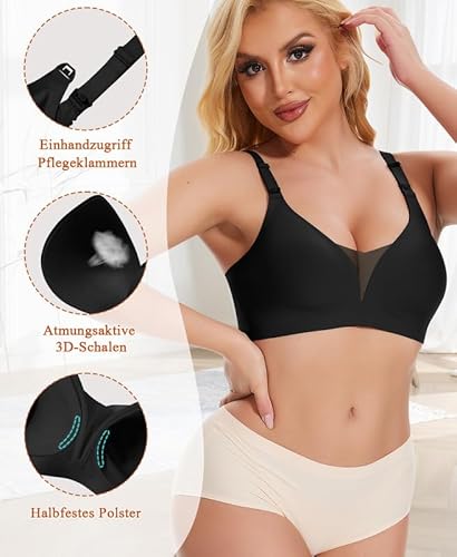 Jiuday Damen Still BH ohne Bügel Gepolstert Große Brüste Nahtloser Schwangerschafts- & Still-BHS Bequemer Spitze Seamless Nursing Bra Stillbh (Schwarz,M)
