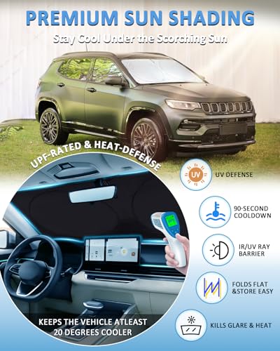 Image of Windshield Sun Shade for Jeep Compass 2007-2017 Sunshade | Window Shield Custom Fit Compass Accessories Shade Sun Visor Foldable Block UV Rays