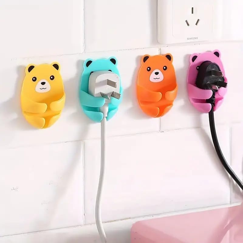 Image of Cute Bear Wall Mount Plug Holder - Cable Organizer & Cord Storage, Self-Adhesive, Multi-Functional, Space-Saving, Wall Hook for USB, Charger, Earphone, Kitchen & Office - Pack of 4