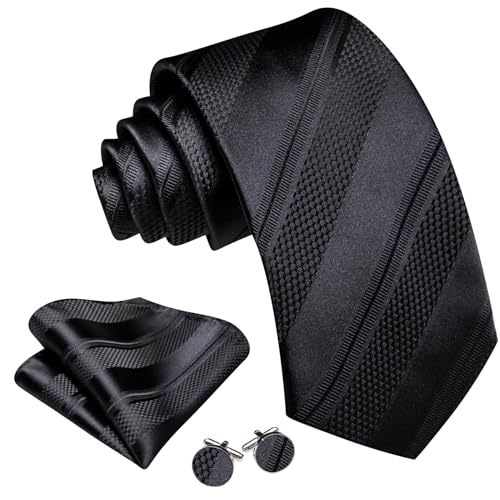 Image of Barry.Wang Tie Sets for Men Silk Stripe Necktie Woven Checkered Handkerchief Cufflinks Formal Business Wedding
