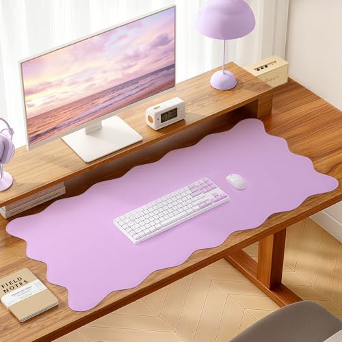 Image of PU Leather Desk Pad, Scalloped Non-Slip Mouse Pad & Large Desk Mat Cover Stitched Edges Writing Pad for Office, Home - Waterproof, Easy to Clean, Durable Surface I 31.4 inchx15.7 inch, Bonbon Pink