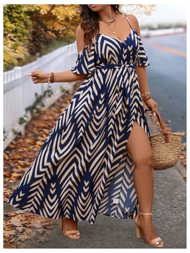Image of Floerns Women's Plus Size Cold Shoulder Short Sleeve Split Thigh Long Dress