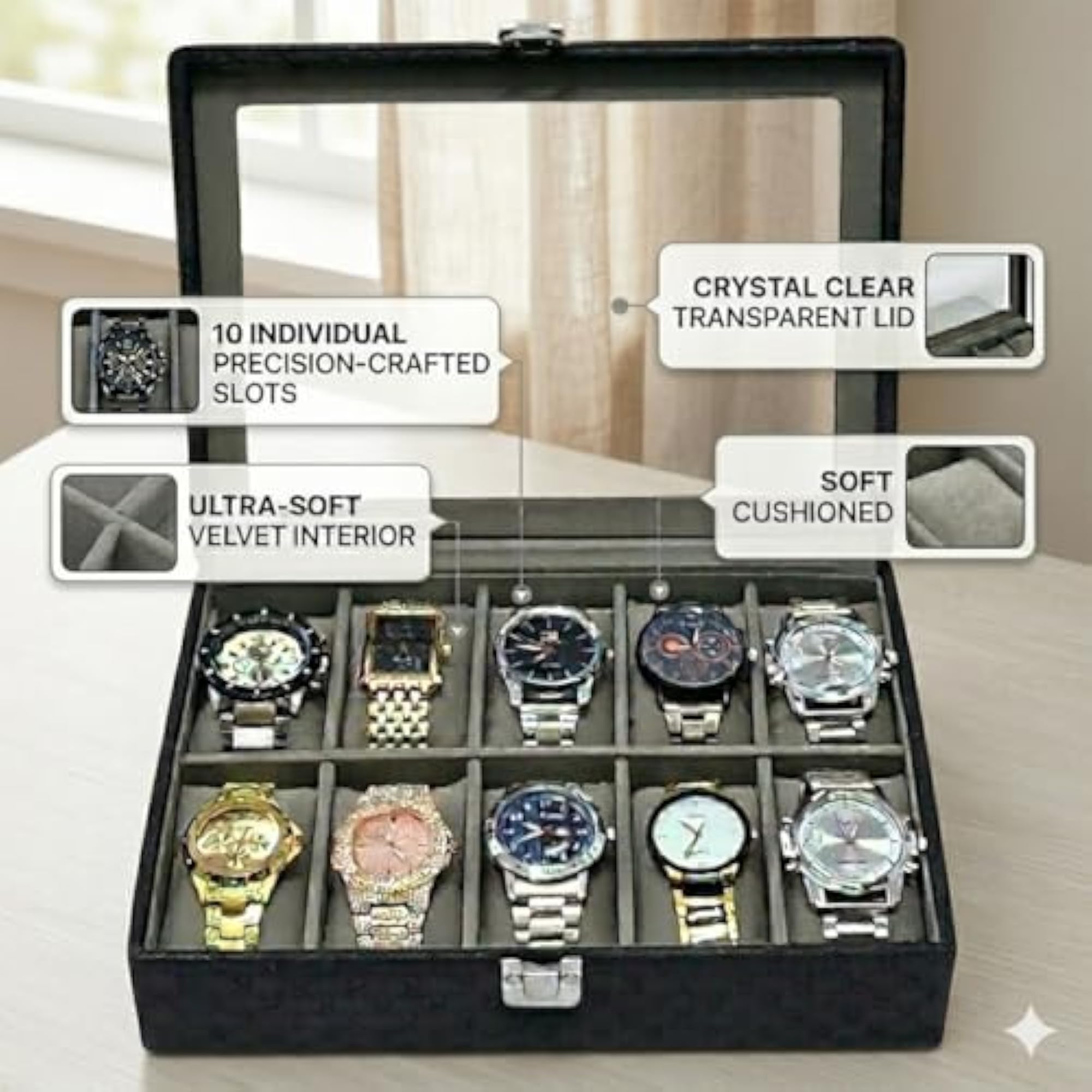 Premium 10 Grid Watch Case Organizer Box