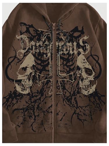 WDIRARA Men's Goth Skull Letter Graphic Drawstring Hoodie Long Sleeve Zip Up Sweatshirt3