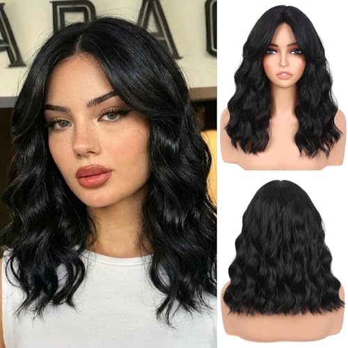 WIGNEE Lightweight Short Wavy Bob Wig with Curtain Bangs for