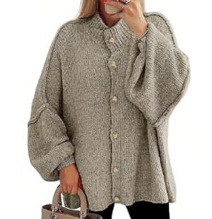 Womens Casual Chunky Knit Open Front Cardigans Button Up Long Lantern Sleeve Oversized Sweater Coats