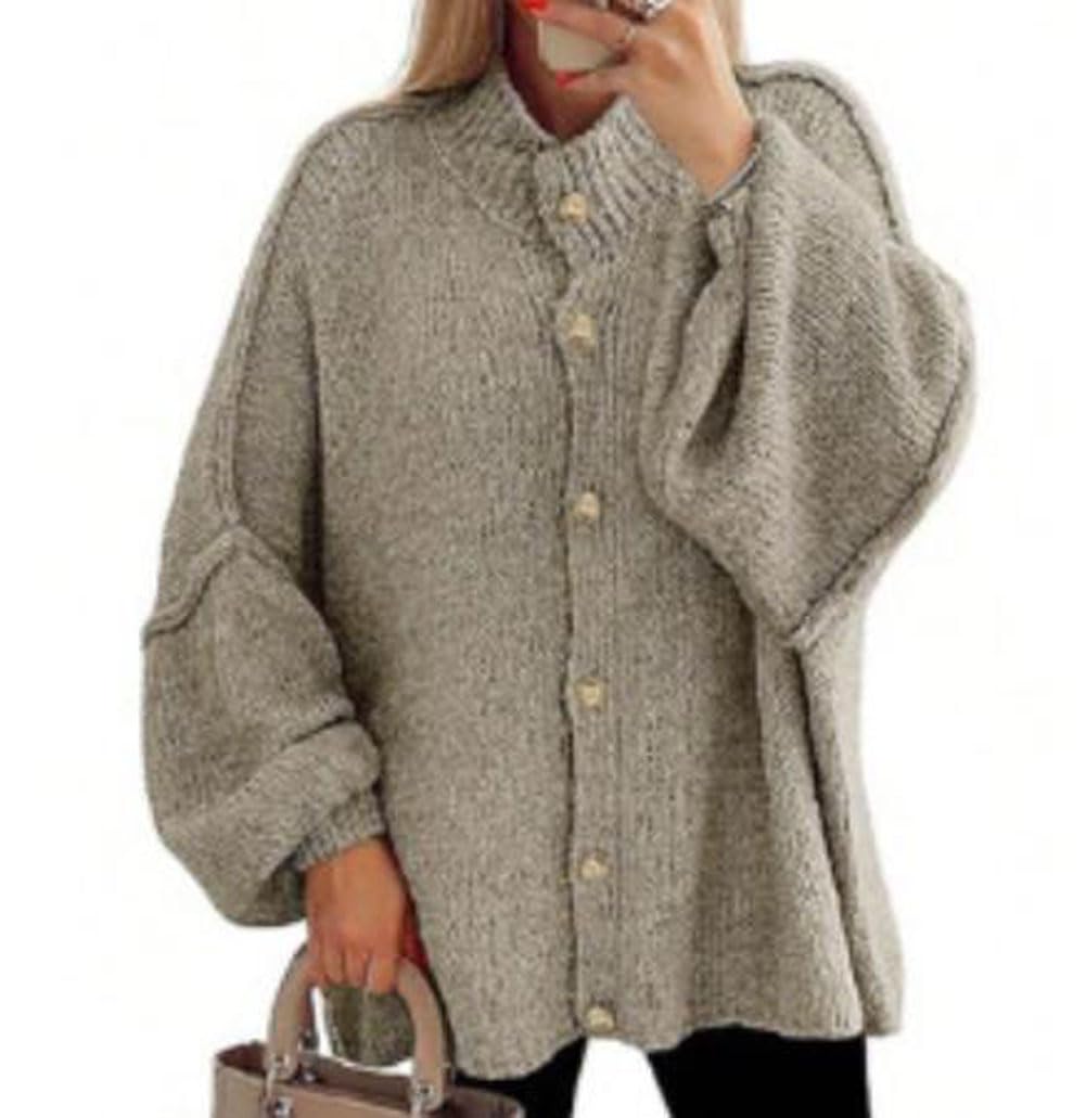 Womens Casual Chunky Knit Open Front Cardigans Button Up Long Lantern Sleeve Oversized Sweater Coats