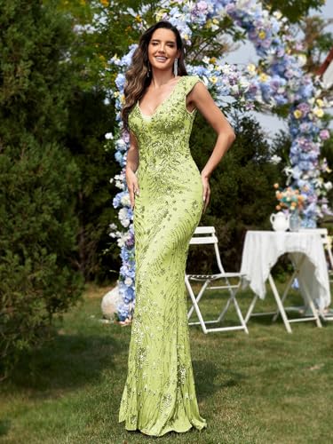Image of Womens Sequined Long Evening Gown Glamous Sleeveless V-Neck Mermaid Prom Dress for Wedding Party Club Occasions