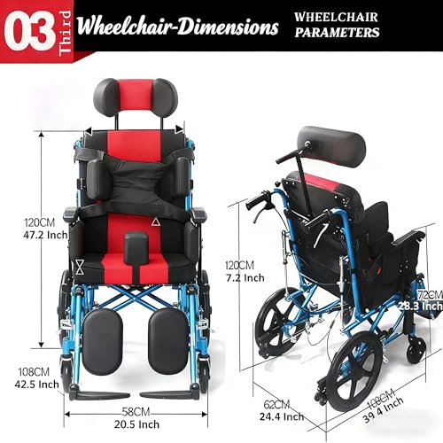 Image of Pediatric Reclining Wheelchair for Kids & Teens, Foldable Aluminum Frame with Dining Tray, Adjustable Seat & Full Postural Support for Cerebral Palsy & Neurological Needs (Red)
