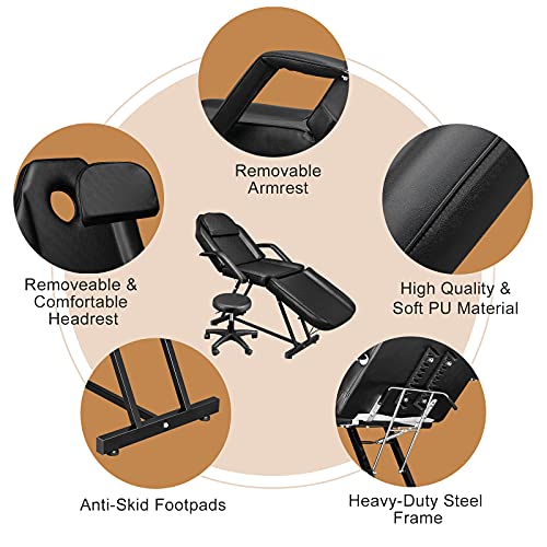 Omysalon Massage Salon Tattoo Chair Esthetician Bed With Hydraulic Stool,Multi-Purpose 3-Section Facial Bed Table, Adjustable Beauty Barber Spa Beauty Equipment, Black #TOP2