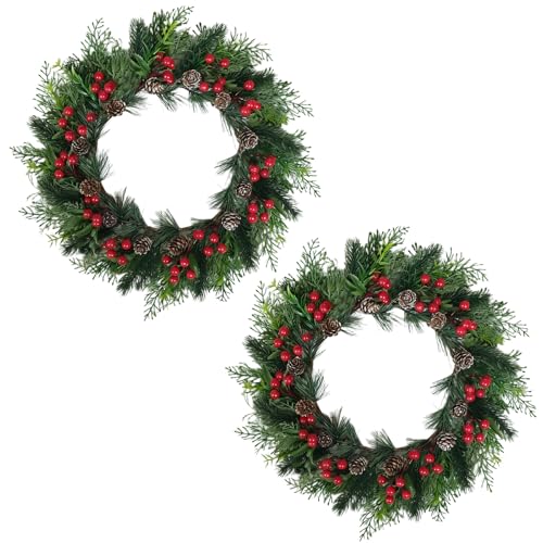 Egolot 2 PCS 13 Inch Christmas Wreaths Sets for Doors Cabinets, Christmas Green Pine Wreath with Red Berries Mini Pinecones for Indoor Outdoor, Rustic Farmhouse Xmas Wreaths