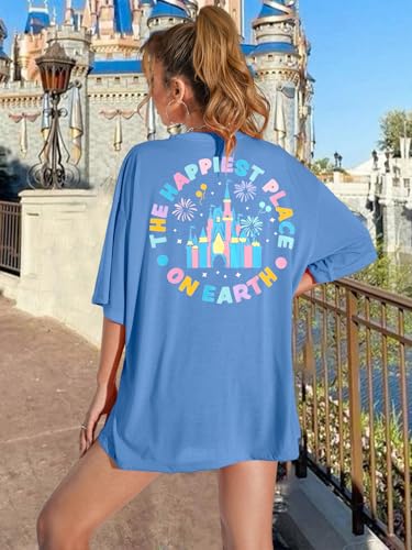 Oversized Magical Shirt Women Happiest Place on Earth Shirt Magic Kingdom Shirts Cute Castle Graphic Family Holiday Tee Tops2