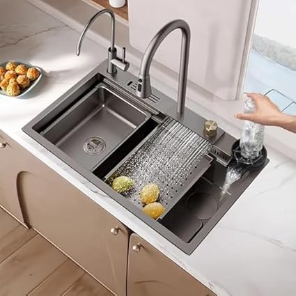 ARQUIN 304 Grade 30'' x 18'' x 9'' Kitchen Sink Anti Scratch Design With Integrated Waterfall and Pull-down Faucet Set Stainless Steel All In One Kitchen Sink Nano Coated