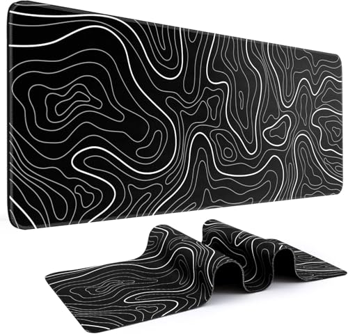 Large Gaming Mouse Pad & Computer Game Mouse Mat with Anti-Slip Rubber Base 31.5 X 11.8 (Black Topographic Map)