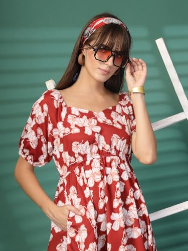 Image of OOMPH! Below Knee Shift Pink Dress in Crepe Fabric with Round Neck and Puff Sleeves - md619l