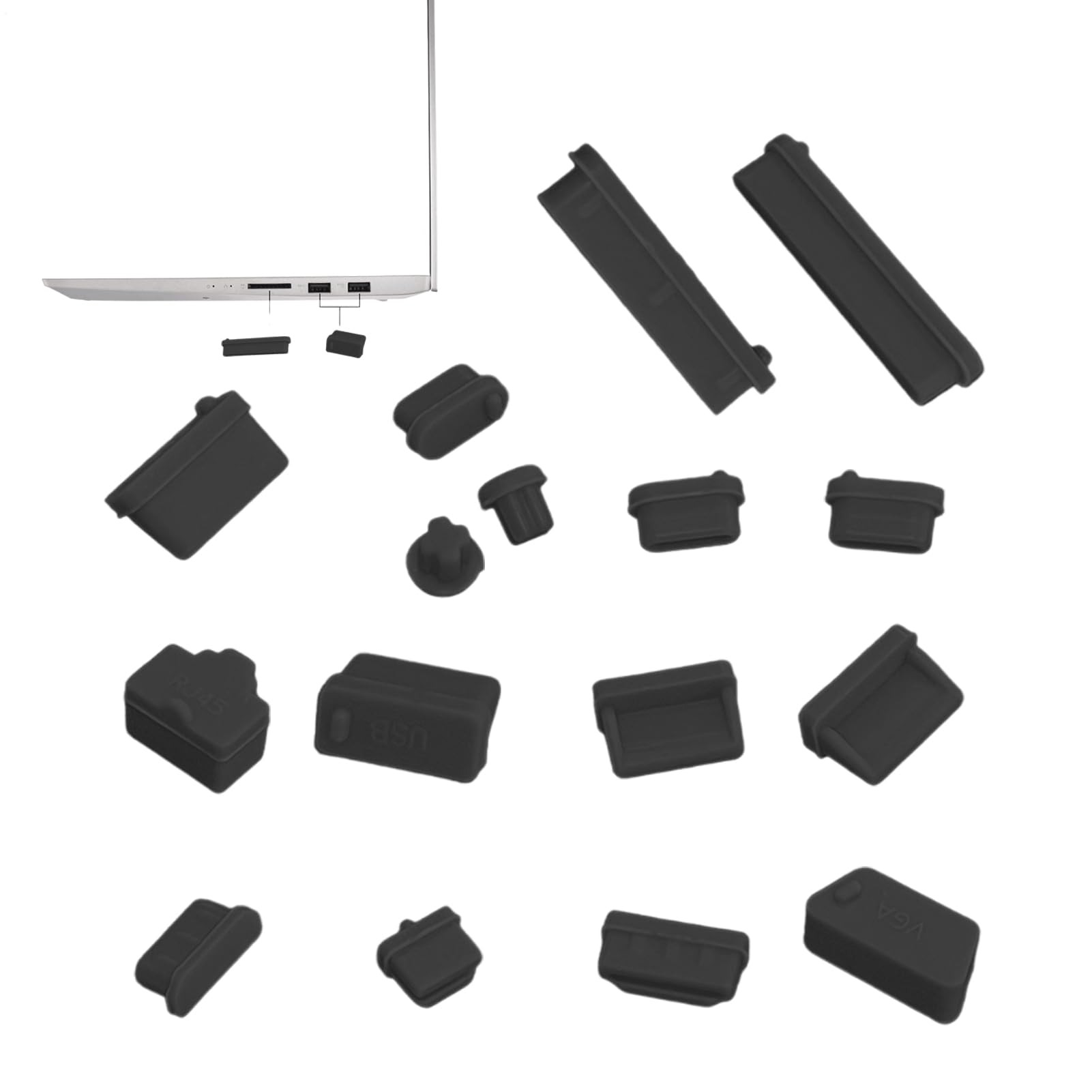 Lot de 16 connecteurs anti-poussière en silicone pour ordinateur portable, 16 connecteurs audio USB Rj45 de type C, capuchons de protection souples avec design de retrait facile pour les appareils PC