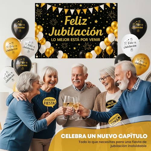 Miniatura 5 de Feliz Jubilación Decoracion - Pancarta Jubilación Hombre Mujer 110x80cm Photocall - 30 Globos Telón Fondo Fotocol Español Accesorios Divertidos Fiesta Adultos Jubilado Jubilada Celebración Regalos