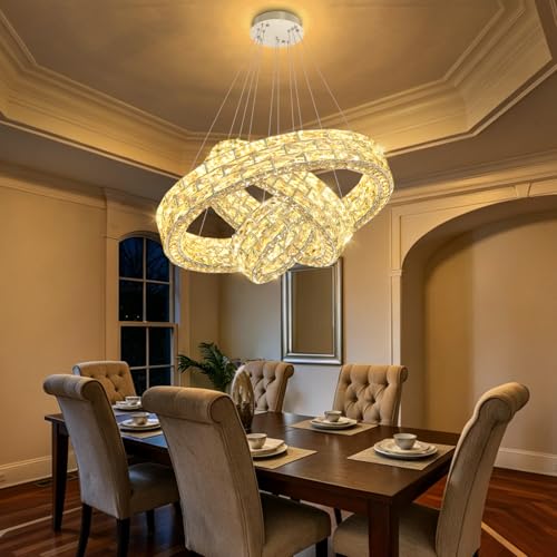 AFQEJG LED Chandeliers for Dining Room 8"+16"+24" Rings Chandelier Height Adjustable Ceiling Pendant Lights Remote LED Dimmable Lighting for Living Room Staircase Entryway Silver