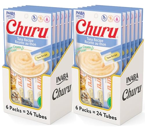 Image of INABA Churu Cat Treats, Grain-Free, Lickable, Squeezable Creamy Puree Cat Treat /Topper with Vitamin E & Taurine, 0.5 Ounces Each Tube, 48 Tubes (4 per Pack), Tuna Recipe